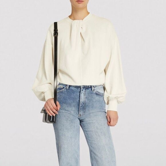 Frame Women’s Large Gathered French Terry Cotton Crewneck Sweater Ivory Bone - Picture 5 of 15